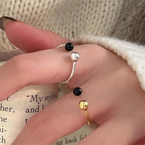 Minimalist 925 Sterling Silver Black Agate Bead Open Ring Adjustable Dainty Jewelry For Women