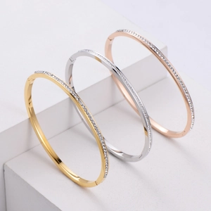 Stainless Steel Bangle For Women Single Row Zircon Minimalist Elegant Hinge Buckle Bracelet 18K Gold Plated