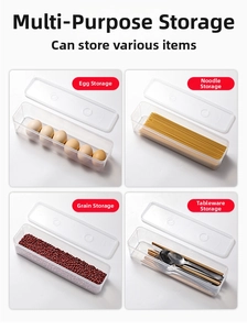 Detailed four-grid view showing clear rectangular food storage boxes for eggs and noodles