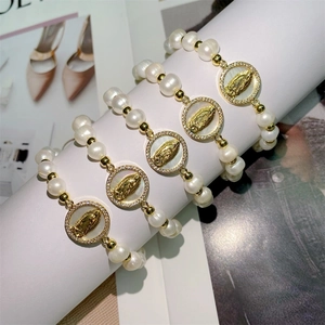 Freshwater pearl bracelet set with Virgin Mary medallion and micro-pave cubic zirconia
