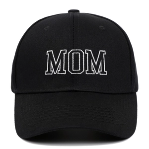 Classic black cotton baseball cap with white MOM embroidery and curved visor for women