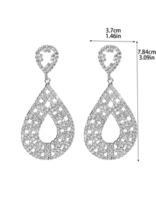 Detail view of teardrop rhinestone earrings showing 7.84cm length and 3.7cm width dimensions
