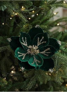 Close-up of dark green velvet Christmas flower with sparkling glitter on tree branches