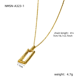 Detail view of 18K gold plated hammered rectangle pendant necklace with dimensions and weight