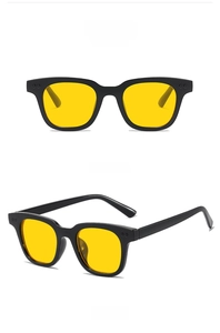 Front and 45-degree side views of black retro industrial sunglasses with yellow lenses