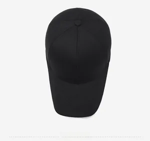 Top view of black baseball cap with grey sports embroidery and twill cotton texture