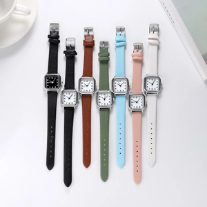 Set of minimalist square leather watches for women with polished silver metal cases