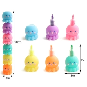 Detail view of colorful octopus-shaped highlighters with dimensions in a stackable set