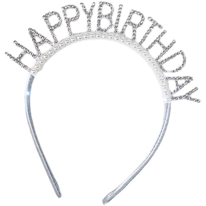 Serre-tête argenté Happy Birthday avec strass brillants et perles élégantes pour la fête