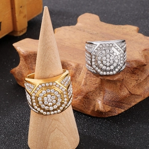 Hip hop style stainless steel rings for men with luxury geometric full crystal pavé