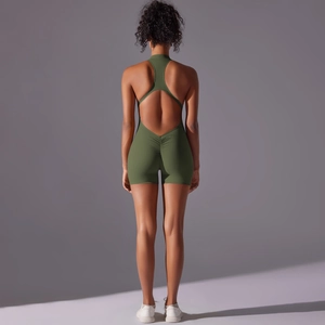 Detail view of olive green backless yoga bodysuit with scrunch butt lifting design