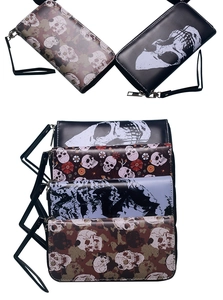 Macro view of long zipper wallets showing various vintage skull patterns in high quality PU leather