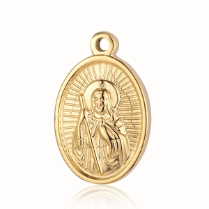 Detailed relief of a religious figure on a gold oval stainless steel pendant with reflection