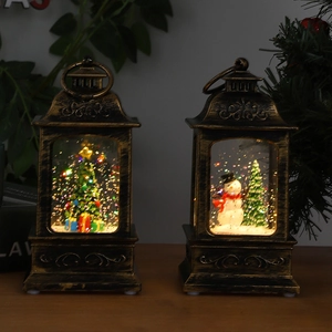 Vintage Christmas lantern with snowman and tree inside, featuring warm glow and glitter effect