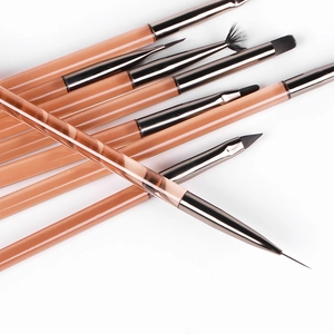 Detail of multi-functional nail art brushes with amber acrylic handles and metal ferrule