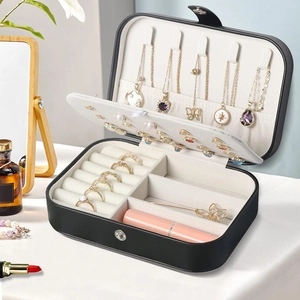 Portable black and white PU leather jewelry organizer box with multi-compartment storage