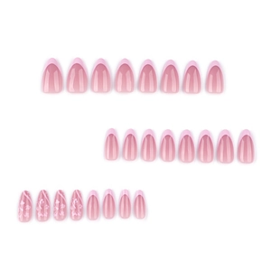 Pink gradient French almond press on nails with hibiscus floral pattern designs