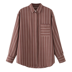 Women Striped Shirt Long Sleeve Polyester Lapel Collar Chest Pocket Single Breasted Casual Fashion Blouse Top