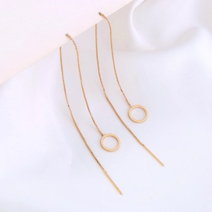 Minimalist gold threader earrings with long box chains and geometric circle dangles