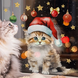 Weihnachtliche Fensteraufkleber mit süßen Katzen, bunten Kugeln und goldenen Sternen
