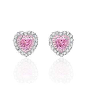 Elegant 8x8mm heart-cut pink carbon diamond studs in S925 sterling silver with halo