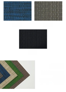 Detail of PVC placemats in navy, grey and black with heat-sealed edges for durability