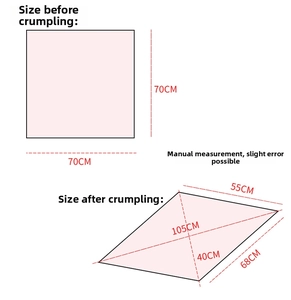 Size chart showing 70x70cm dimensions before and after pleating for the silk scarf