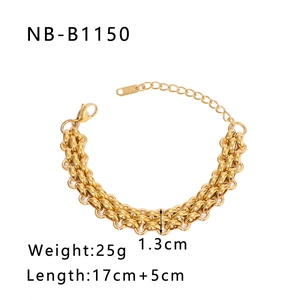 Detail view of triple-layered woven stainless steel bracelet with sizing information