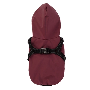 Waterproof burgundy dog raincoat with integrated reflective harness for small dogs