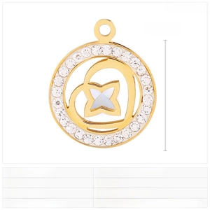Detail view of a 20mm gold stainless steel round pendant with heart and star crystals
