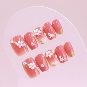Handmade Press On Nails Short Square Peach Pink Gradient With 3D White Flower And Artificial Pearl Decoration Elegant Sweet Style For Women