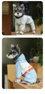 Detail of waterproof pet raincoat with adjustable drawstring and four-leg protective design
