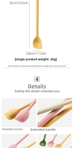 Detailed view of long handle silicone spatulas with measurements and macaron colors