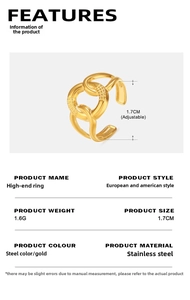 Macro shot showing 1.7cm adjustable inner diameter of 18K gold plated stainless steel ring