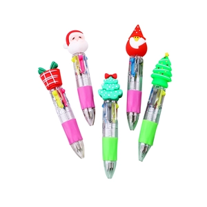 Set of 5 Christmas 4-color retractable ballpoint pens with Santa and tree toppers