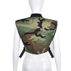Detail of jungle camo vest back with adjustable black straps and rib neck
