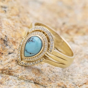 Retro Bohemian Pear Cut Imitation Turquoise Ring Copper With Zircon Teardrop Geometric Vintage Jewelry For Women