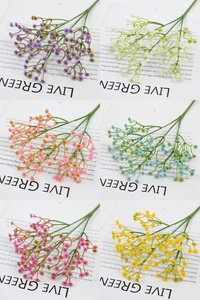 Collage of artificial baby breath flowers in purple, white, pink, blue, rose, and yellow
