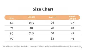 Size chart for baby sleeveless romper showing length and bust measurements for 66-90 sizes