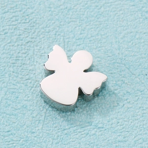 Polished silver angel locket charm with wings on light blue textured background