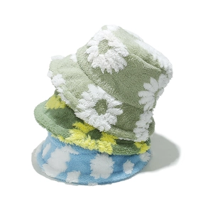 Women Plush Bucket Hat Teddy Fleece Sunflower Cloud Pattern Winter Warm Windproof Casual Outdoor Fashionable Accessories
