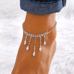 Bohemian multi-layer rhinestone tassel anklet with marquise crystal pendants on silver chain