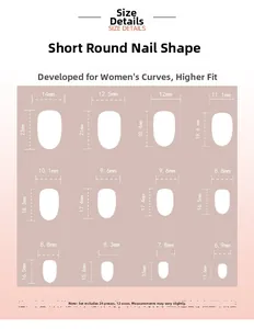 Size chart showing 24 pieces of short round press-on nails in 12 different dimensions