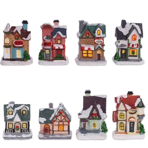 Set of 8 luminous Christmas village houses with snowy toy shop and bakery resin figurines