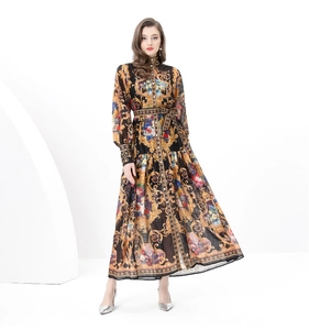 Full view of black dress with gold baroque floral prints and elegant lantern sleeves