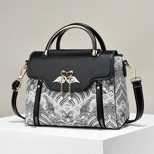 Women Embroidered Handbag PU Leather Wave Pattern Swan Lock Artificial Pearl Tassel Metal Handle Shoulder Bag