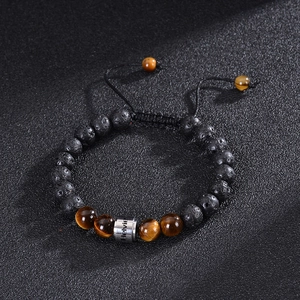 Engraved stainless steel bracelet with black lava rock and tiger eye beads for men