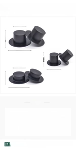 Detailed size chart for black plastic snowman top hats in 25mm, 37mm, and 41mm sizes