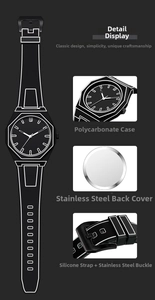 Detail of minimalist octagonal watch with PC case, steel caseback, and silicone strap