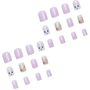 24-piece short square purple Easter press-on nails with cute bunny and floral designs